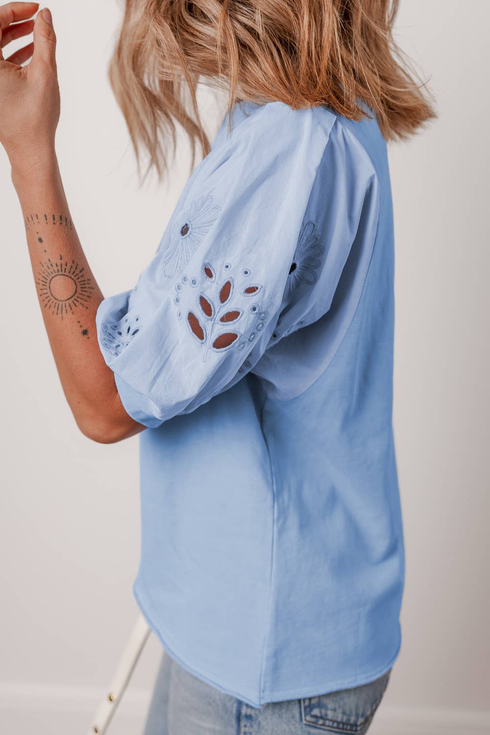 Eyelet Flower Embroidered Patched Sleeve Blouse
