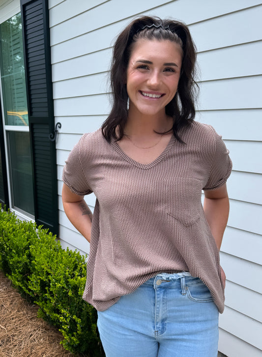 Taupe Ribbed V-Neck Top