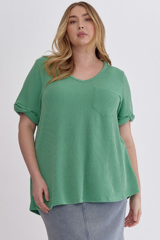 Green Curvy Ribbed V-Neck Top