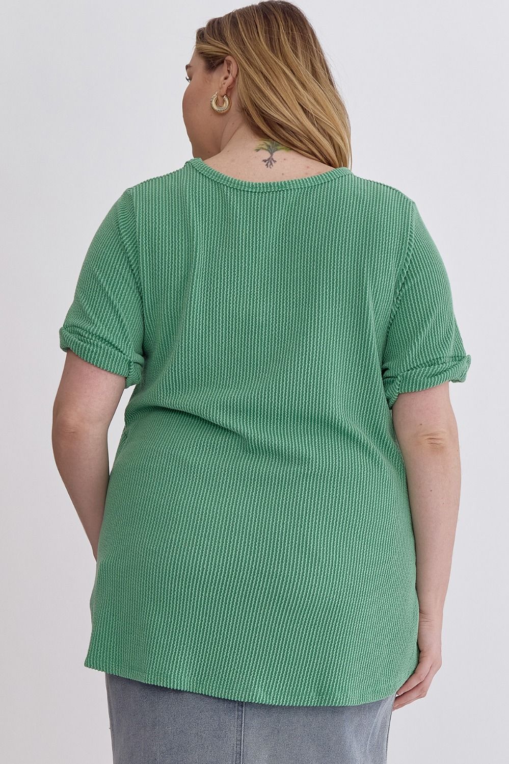 Green Curvy Ribbed V-Neck Top