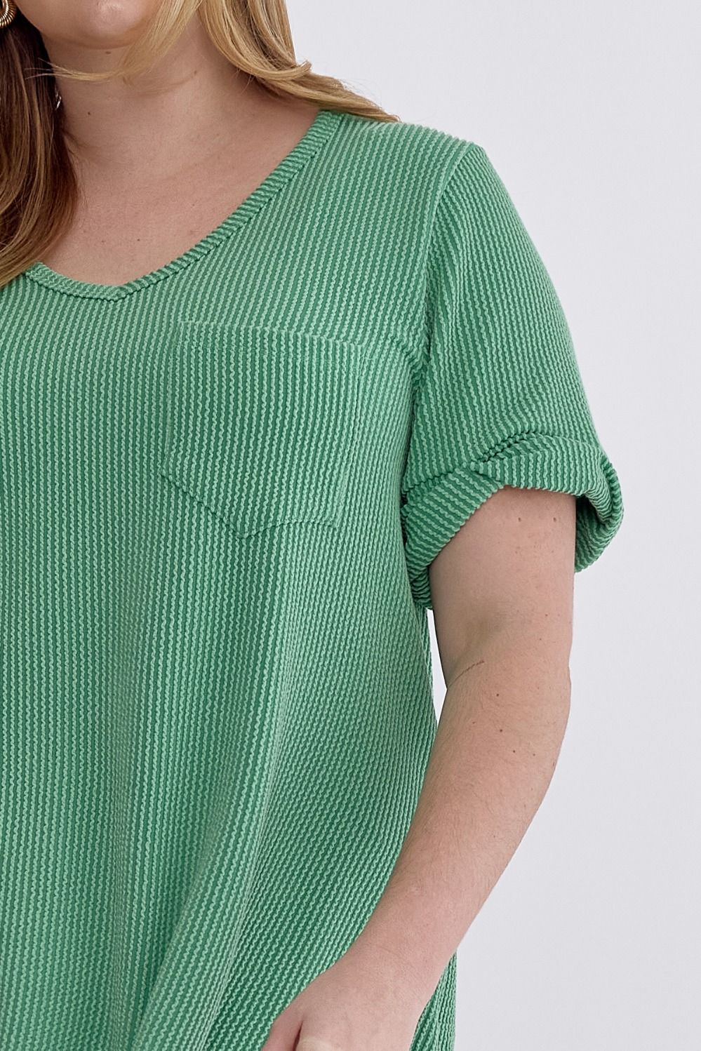 Green Curvy Ribbed V-Neck Top