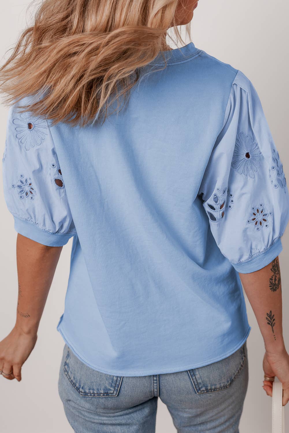 Eyelet Flower Embroidered Patched Sleeve Blouse