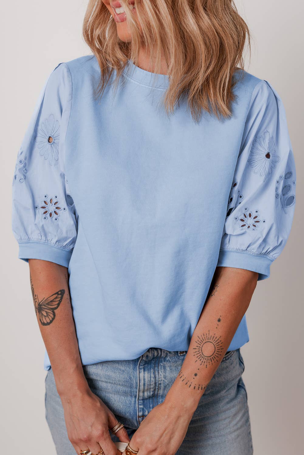 Eyelet Flower Embroidered Patched Sleeve Blouse