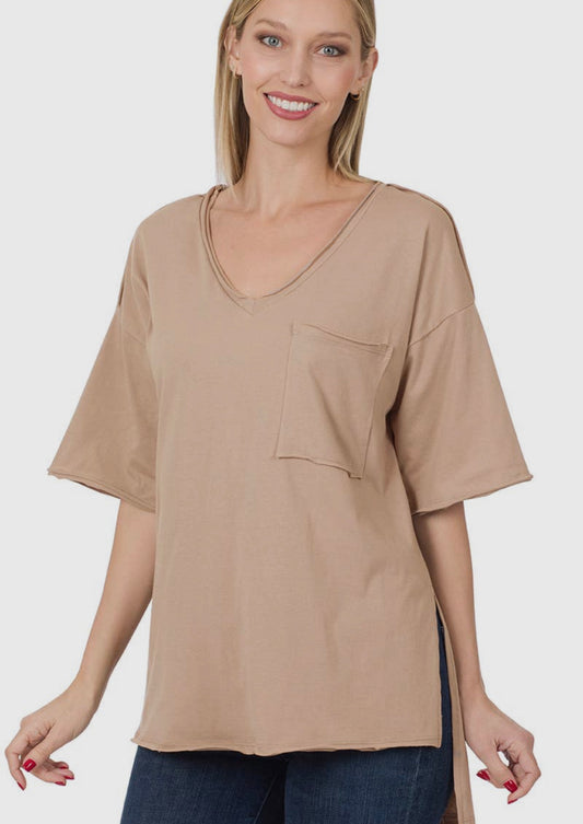 Raw Hem Oversized Tee-Mocha